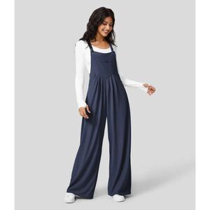 Halara Overalls Adjustable Strap Button Multiple Pockets Waffle wide leg navy L